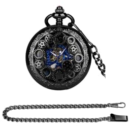 Manual Men's Mechanical Pocket Watch Hollow Design Roman Numerals Vintage Metal Pocket Watch Clock Chain Pendant Blue