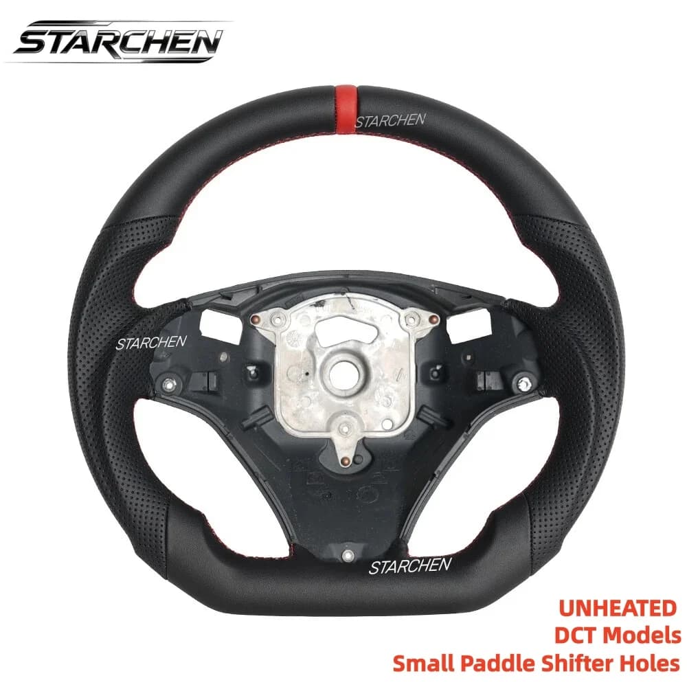 M Sport Full Leather Sport Leather Steering Wheel For BMW E90 E92 E93 M3 328i 335i DCT with Small Paddle Shifter Holes Version & Red Stripe(Non-heated)