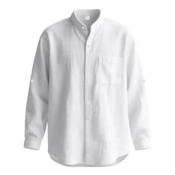 Men White Linen Button Down Long Sleeve Shirt Mandarin Collar Chest Pocket Roll Tab Cuff Loose Oversized Breathable Textured Beach Vacation Casual Holiday Top