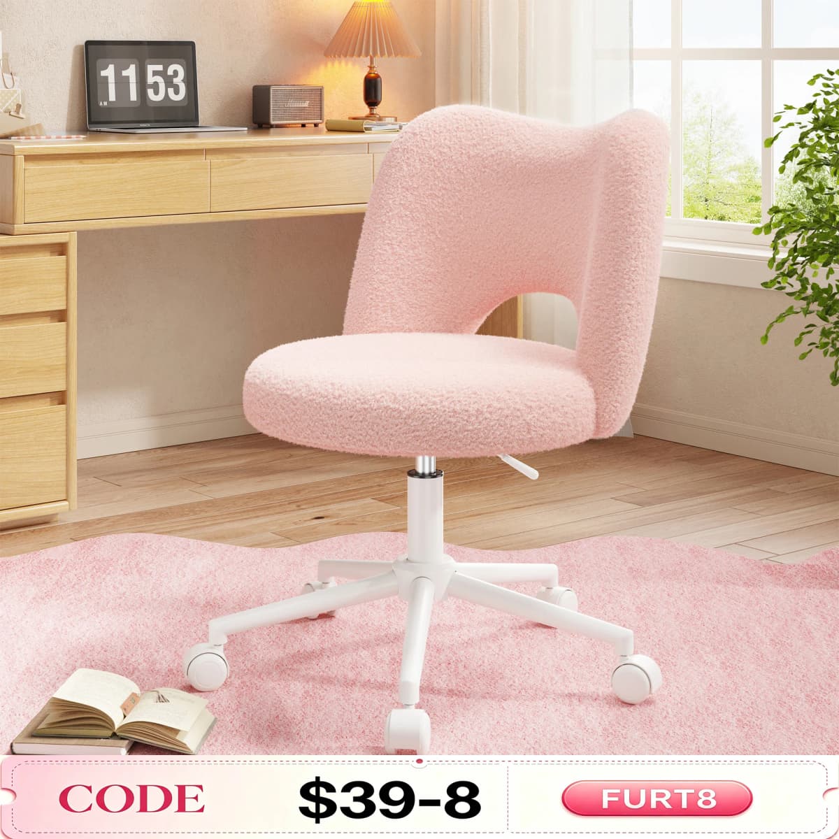 EnHomee Small Vanity Chair with Silent Wheels Black Height Adjustable Cute Teddy Fleece Desk Chair for Bedroom Make-up Room Office