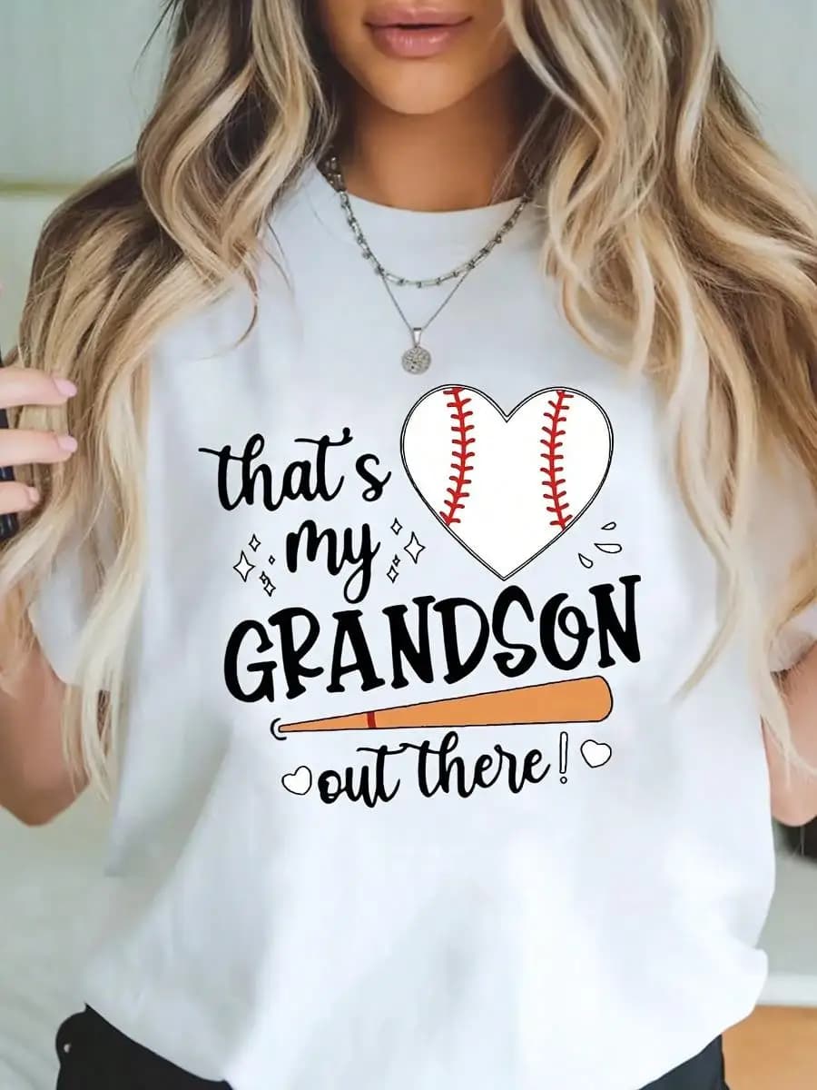 Plus Size - Women S Plus Size Baseball Graphic T-Shirt - That S My Grandson Out There! Heart Design - Bright Orange Casual Tee - Soft Stretchy Fa