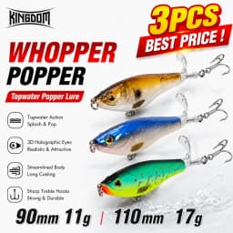 Kingdom 3PCS Topwater Lure Set 90mm/11g & 110mm/17g Artificial Popper Whopper Plopper Hard Wobblers for Bass Trout Pike Zander Fishing