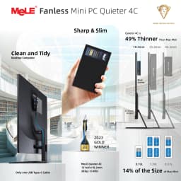 MeLE Quieter4C N150 Fanless Mini PC,8GB RAM DDR4 256GB SSD Micro Desktop Computer,Dual HDMI,Support 4K Triple Display USB3.2,USB-C,WiFi5 BT5.1,Small Portable PC Industrial Business