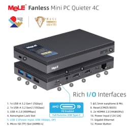 MeLE Quieter4C N150 Fanless Mini PC,8GB RAM DDR4 256GB SSD Micro Desktop Computer,Dual HDMI,Support 4K Triple Display USB3.2,USB-C,WiFi5 BT5.1,Small Portable PC Industrial Business
