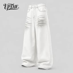 UP.THE Men White Gradient Washed Crinkle Baggy Wide Leg Jeans, Y2K Oversized Loose Distressed Denim Pants, Grunge Streetwear Trousers for Daily Outfits