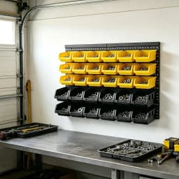 Wall Mounted Storage Bins Organizer Rack with 30 Dual Color Bins, Heavy Duty Plastic Hanging Parts Bin System, Garage Wall Hardware Holder for Screws Bolts Nuts Washers, Stackable Small Large Tool Containers for Workshop Shed DIY Craft Room