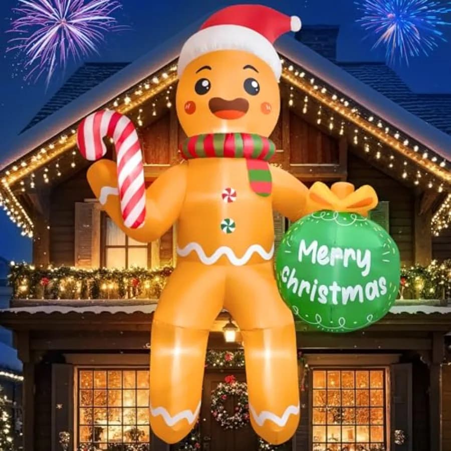 Outdoor Christmas inflatable gingerbread man, 11 FT, PVC material, red and white, built-in LEDs for night visibility