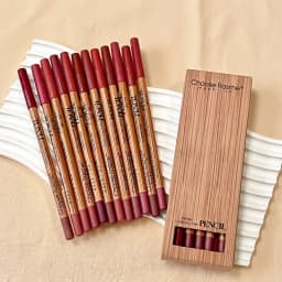 12-color lip liner set, wooden design, can be sharpened, matte nude shades, easy-to-apply lipstick liners