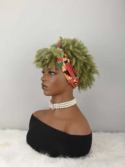 Headband Wig Curly Headband Wig With Bangs For Women Synthetic Afro Curly Hair Wig With Headband Attached Short Kinky Curly Afro High Puff With Bangs Stripes Short Red Curly Wigs with Bangs for Women, Natural Wavy Synthetic Wig, Fluffy Pixie Cut