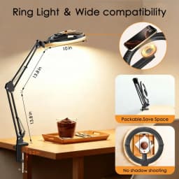 Magnetic Overhead Phone Mount with 10” Ring Light, 5000mAh Flexible Articulating Circle Lamp Table Tripod, Phone Stand for Video Recording Cooking Nail, Zoom Meeting