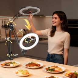 Magnetic Overhead Phone Mount with 10” Ring Light, 5000mAh Flexible Articulating Circle Lamp Table Tripod, Phone Stand for Video Recording Cooking Nail, Zoom Meeting