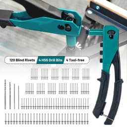 Rivet Gun Kit, Pop Rivet Gun, Heavy Duty Rivet Tool, Professional Hand Riveter, Manual Riveting Tool with 120 Blind Rivets, 4 HSS Drill Bits, 4 Tool-free Interchangeable Heads