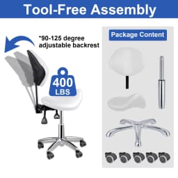 Saddle Stool with Back Support and Wheels, 400 LBS Weight Capacity Ergonomic Rolling Stool, Height Adjustable Thickened PU Leather Swivel Saddle Chair for Salon, Spa, Massage, Tattoo, White
