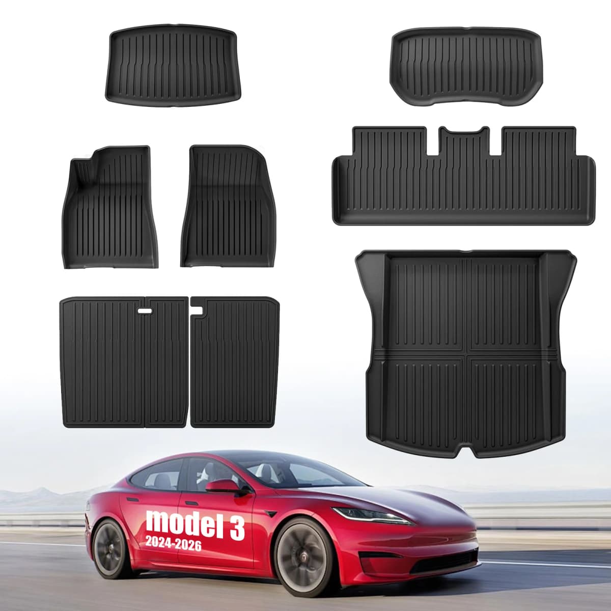 For 2024‑2026 Model 3 Highland TPE All‑Weather Floor Mats 7‑Piece Set Waterproof Anti‑Slip Odorless Cargo Mat Rear Seat Back Protector Car Accessories