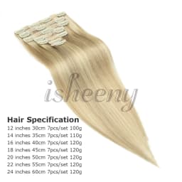 12“-24" Clip Hair Extension Human Hairpiece Nature Straight Machine Remy Hair Full Head 7pcs/set 100g-120g Hair Easy To Wear