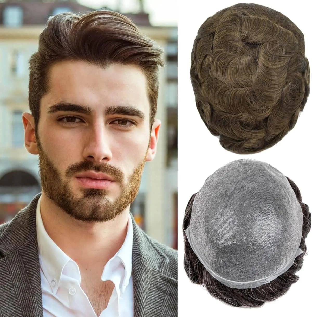 Toupee for Men with 100% European human hair 8x10 inch Hairpiece for Men 0.03mm Ultra Thin Skin Hairsystem All V-looped Mens Toupee ( #4))