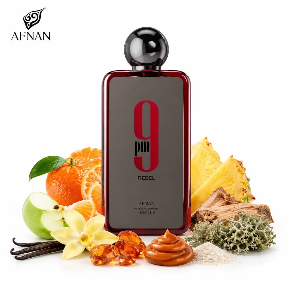 AFNAN 9PM Rebel Eau De Parfum 3.4 Fl. Oz / 100ml for Unisex Long Lasting Luxury Arabian Perfume Spray Fruity Citrus Pineapple Apple Vanilla Amber Woody Musk Fragrance Daily Wear Travel Gift