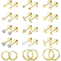 15Pairs Small Hypoallergenic Flat Back Stud Earrings for Women Men 14K Gold Plated Surgical Stainless Steel Earring Sets Tiny Screw Back Cartilage Earrings for Sensitive Ears