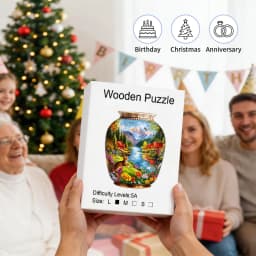 Vase Shaped Mountain Lake Cat Floral Wooden Jigsaw Puzzle, Country Cabin Riverside Scenery Irregular Basswood Puzzle, Laser Cut Nature Landscape Brain Teaser, Rustic Decor Gift For Puzzle Lovers