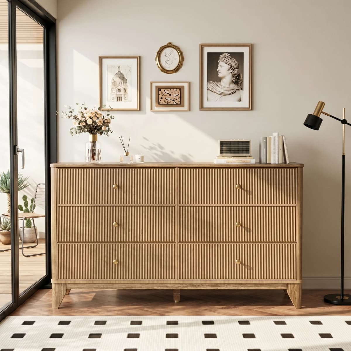 53.1" Wide 6-Drawer Dresser, Fluted Modern Chest of Drawers with Soft Round Corners, Wooden TV Stand for Bedroom, Living Room &