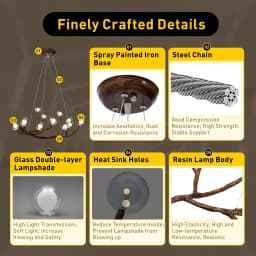 Retro Glass Globe Chandelier, 12-Light Modern LED Wood Branch Tree Hanging Lamp, Glass Bubble Pendant Ceiling Light 36W 110V