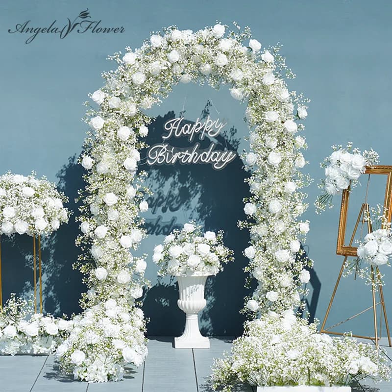 Angela A7672 Artificial White Rose Baby's Breath Flower Row Wedding Backdrop Floral Arrangement Decor Event Banquet Accessories
