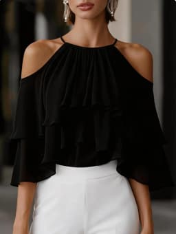 Women Cold Shoulder Halter Blouse Ruffle Layered Chiffon Tops Casual Party Shirts