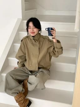 Women Relaxed Fit Short Utility Trench Jacket High Funnel Neck Epaulet Design Double Breasted Cropped Coat Commuter Outerwear