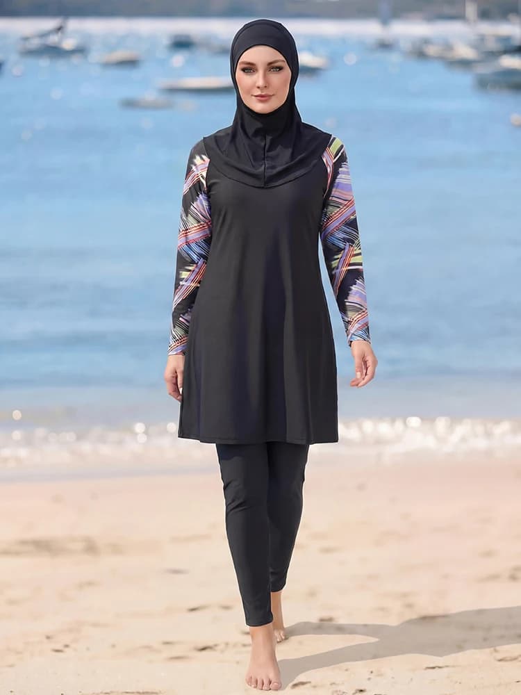3PCS/set UV Protection Burkini for Women, Long Sleeve Printed Islamic Modest Swimsuit , Breathable Quick-Drying Muslim Beachwear
