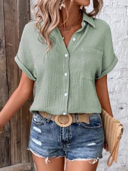Women Casual Cotton Blouse Vintage Summer Short Sleeve Slim Shirt Elegant Turn Down Collar Solid Tunics Harajuku Streetwear Tops