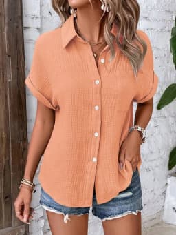 Women Casual Cotton Blouse Vintage Summer Short Sleeve Slim Shirt Elegant Turn Down Collar Solid Tunics Harajuku Streetwear Tops