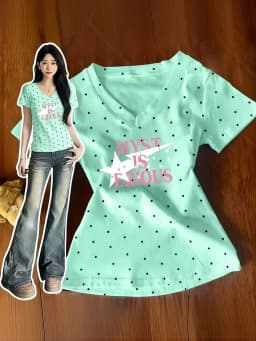 Polka Dot Y2k T Shirts Women Kawaii Sweet Girl Short Sleeve Tee Vintage Slim Fit V Neck Summer Top