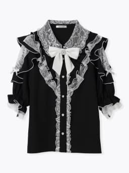 Noemi Inspired Ruffle Bow Top - Japanese Dark Femme Off-Shoulder Blouse, Lace Trim Bell Sleeve Shirt for Yami Kawaii & Lolita