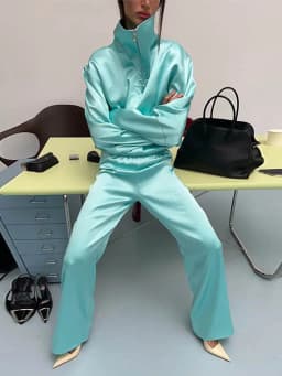 Fashion Shiny Fabric Jacket High Stand Collar Oversized Puff Sleeve Drawstring Cropped Hem 2026 Autumn Daily Lady Sweet Jackets
