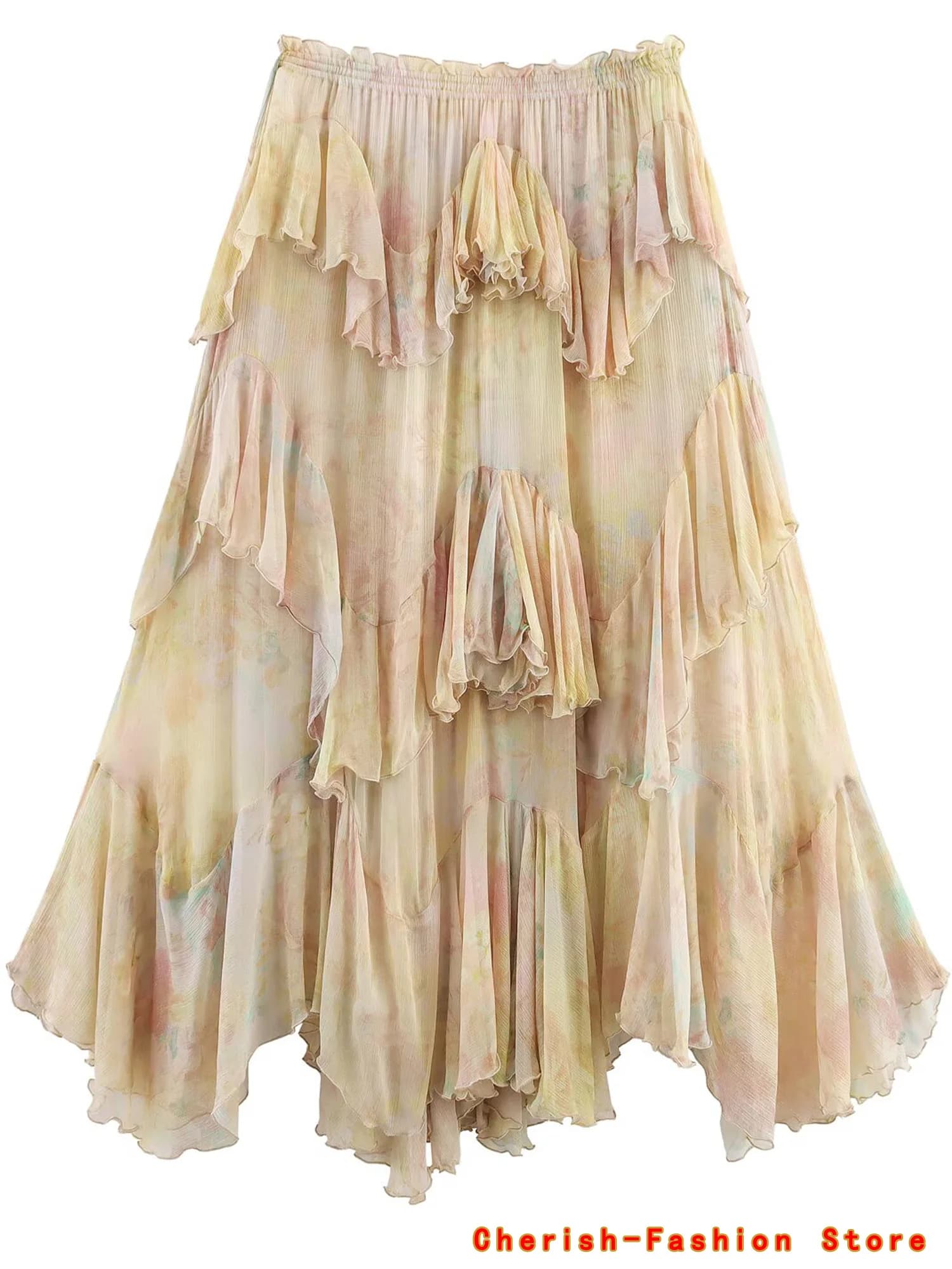 French Style Floral Lace A- Line Skirt Spring Autumn Women's New Style Ruffled Skirt Printed Half-length Skirt Polyester Fibe