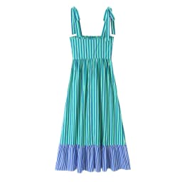 BSAY 2026 New Holiday Fresh Women Striped Tie Shoulder Midi Dress Elastic Shirred Top Contrast Ruffle Hem Flowy Summer Dress
