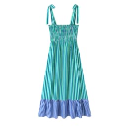BSAY 2026 New Holiday Fresh Women Striped Tie Shoulder Midi Dress Elastic Shirred Top Contrast Ruffle Hem Flowy Summer Dress