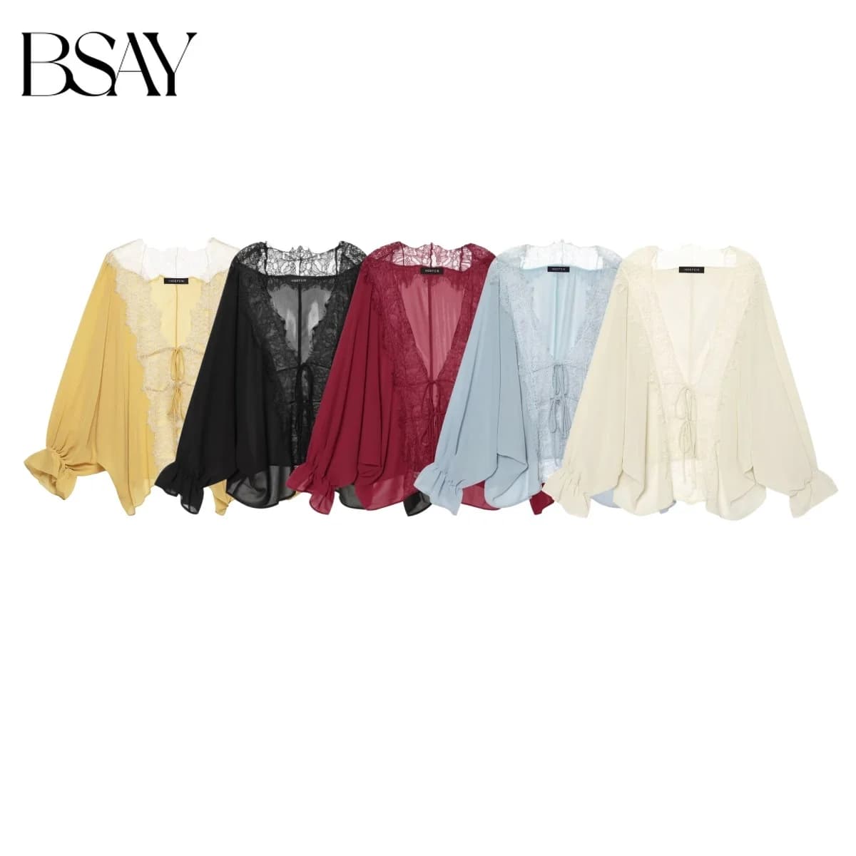 BSAY 2026 Vintage Women Fashion Sheer Blouse Lace Trim V Neck Front Drawstring Flare Sleeve Casual Beach Sunscreen Cover Up Top