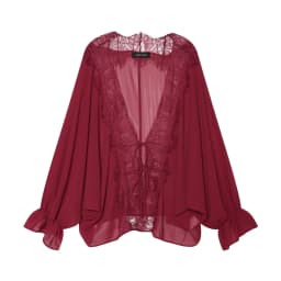 BSAY 2026 Vintage Women Fashion Sheer Blouse Lace Trim V Neck Front Drawstring Flare Sleeve Casual Beach Sunscreen Cover Up Top