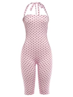 Weird Puss Sexy Backless Rompers Woman Polka Dot Print Bandage Halter Sleeveless Skinny Peach Hip High Street Fashion Playsuits