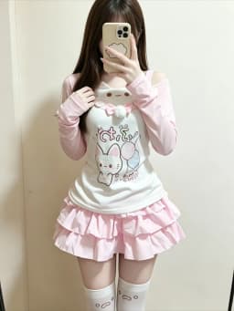 Sweet Japanese T-shirts Women's Clothing Pink Butterfly Patchwork Lace Slash Neck Tees Anime Print Off Shoulder Cute Y2k Tops