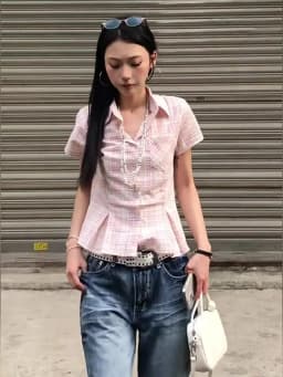 Genayooa Y2k Japanese Plaid Shirt Women Short Sleeve Pocket Slim 2000s Aesthetic Crop Tops Summer Vintage Blouse And Shirt Retro