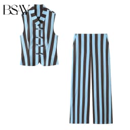 BSAY 2026 Vertical Striped Women Matching Outfit Lapel Sleeveless Frog Button Vest High Waist Wide Leg Trousers Casual Piece Set