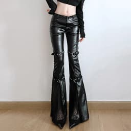 SUCHCUTE PU Leather Flare Pant Goth Buckle Lace Patchwork Pants Women Fashion Y2K Streetwear Vintage Aesthetics Casual Trouesrs