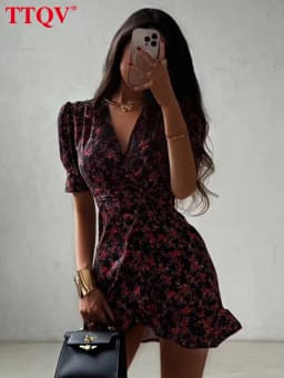 TTQV Fashion Slim Print Women's Dress 2026 Summer V-Neck Short Sleeve Mini Dresses Lady Elegant Classic High Waist Female Dress