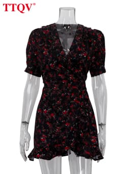 TTQV Fashion Slim Print Women's Dress 2026 Summer V-Neck Short Sleeve Mini Dresses Lady Elegant Classic High Waist Female Dress