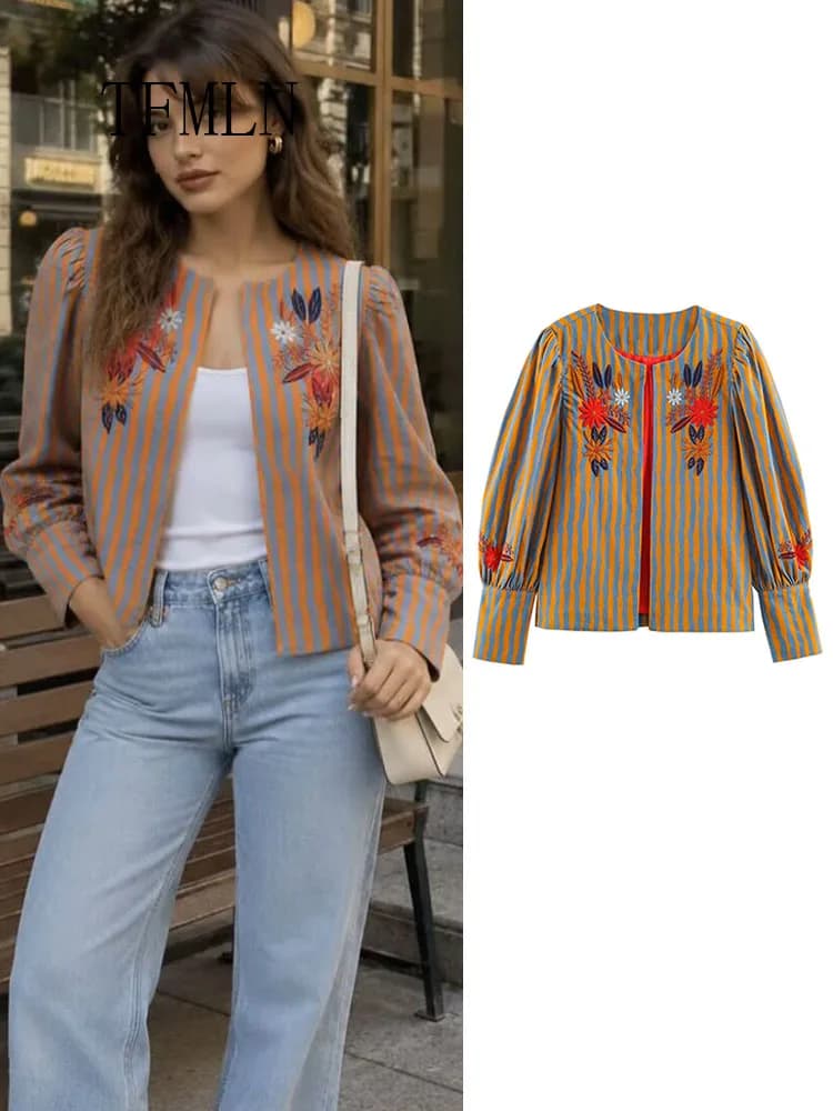 TFMLN 2026 Women Embroidery Jacket Retro New TFMLN 2026 Round Collar Elegant Long Sleeve High Street Coat Striped Casual Fashion