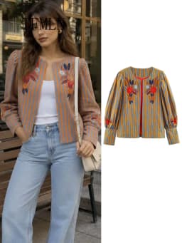 TFMLN 2026 Women Embroidery Jacket Retro New TFMLN 2026 Round Collar Elegant Long Sleeve High Street Coat Striped Casual Fashion