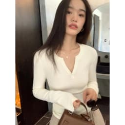 Women's Ribbed Knit Top V Neck Long Sleeve Slim Fit Stretch Shirt Soft Casual Basic Layering Winter.