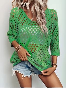 Women Spring Summer Casual Loose V Neck Half Sleeve Hollow Out Crochet Knit Sweater Beach Vacation Cover Up Pullover Tops